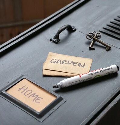 Bild av industriellt svart plåtskåp med etiketter