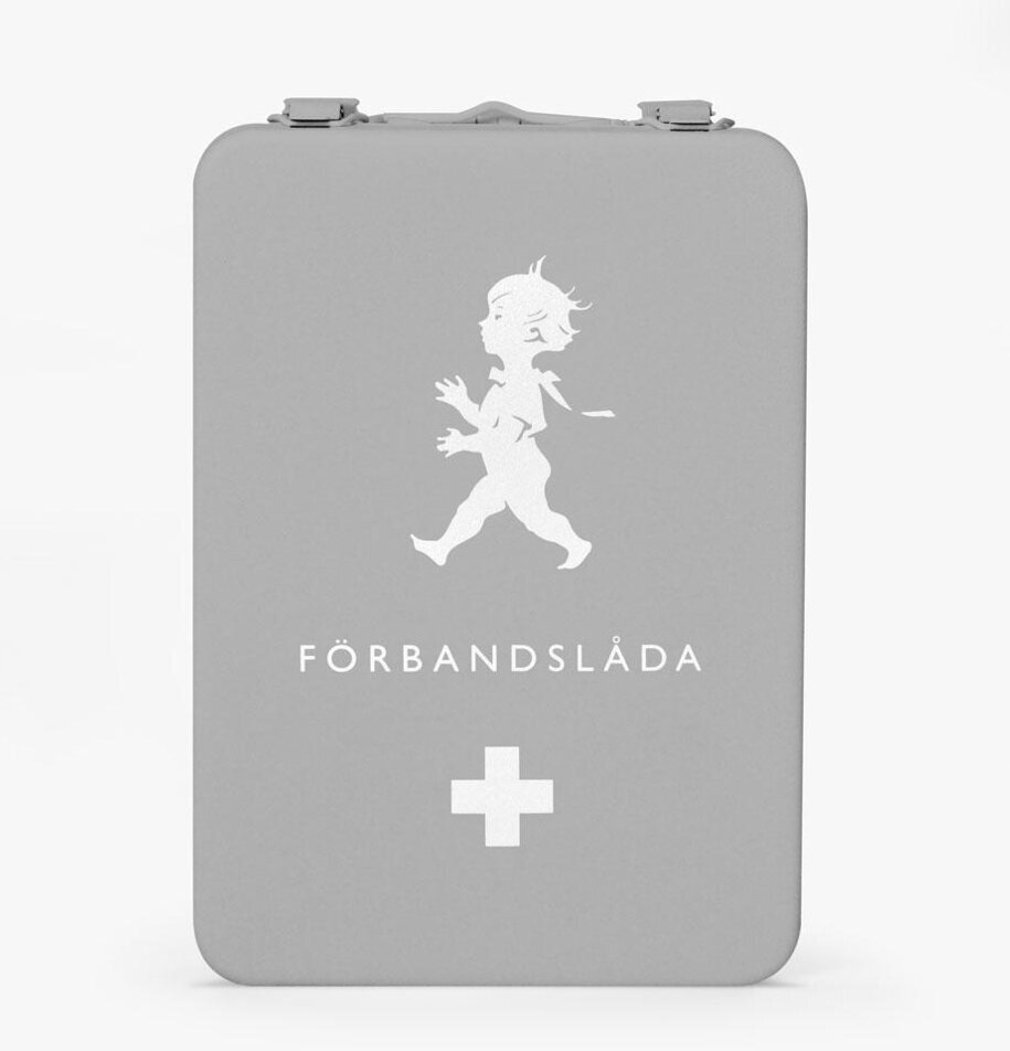 Medicinskåp Grå från Solstickan med vit symbol och text