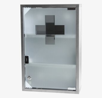 Foto av modernt medicinskåp med frostat glas och lås
