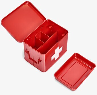Bild på röd plåtburk för medicinförvaring med fack