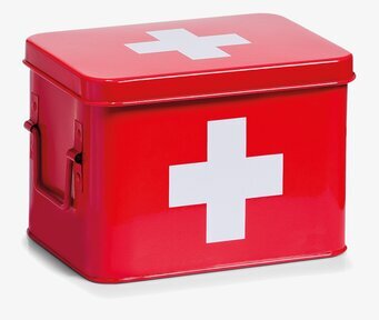 Bild av kompakt röd plåtlåda för medicinförvaring