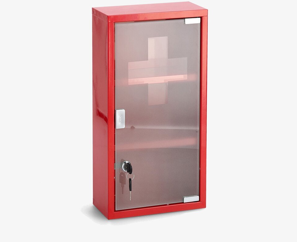 Bild av rött medicinskåp med frostad glasdörr och lås