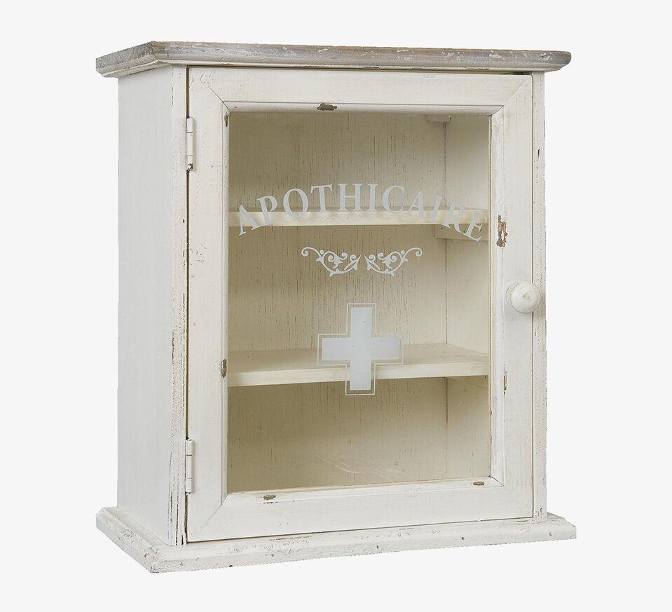 Bild av antikvit medicinskåp med glasdörr och hyllor