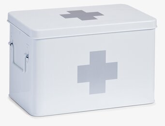 Bild av stor vit plåtburk för medicinsk förvaring